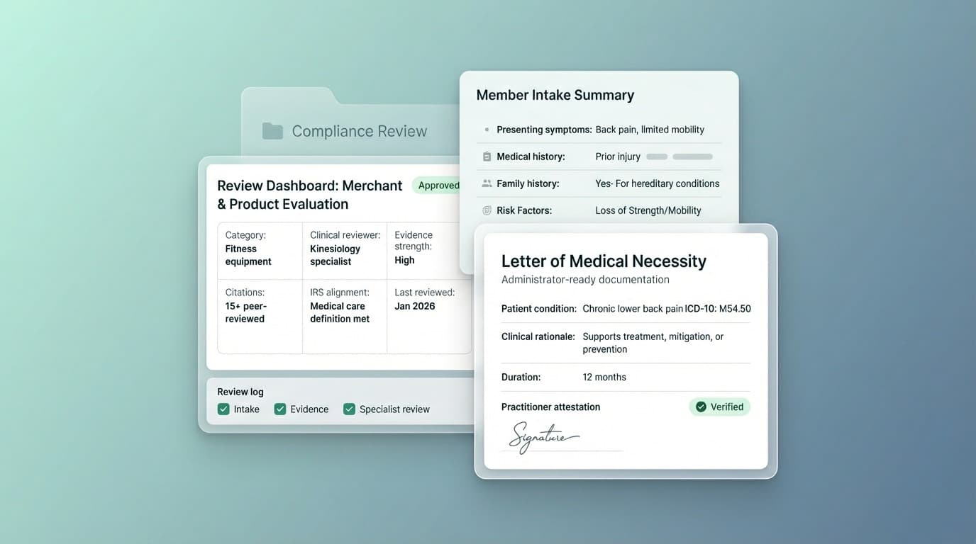 Compliance review: merchant and product evaluation, member intake summary, and an administrator-ready Letter of Medical Necessity
