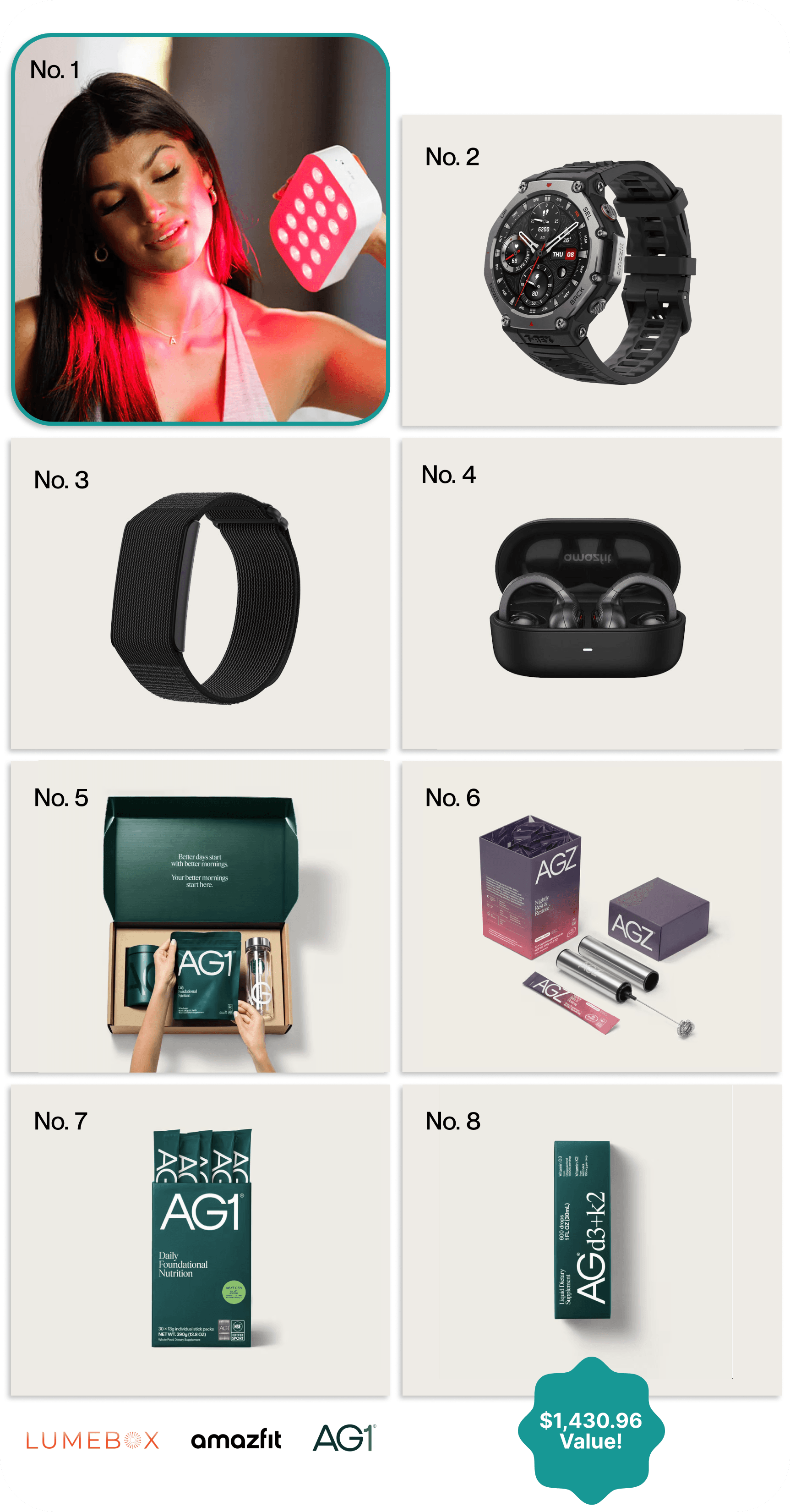 No.1: LUMEBOX 2.0, No.2: Amazfit T Rex 3 Pro, No.3: Amazfit Helio Strap, No.4: Amazfit Up Earbuds, No. 5: AG1 Welcome Kit + Sub Box with Pouch, No. 6: AG1 AGZ 30ct and frother (flavor of choice),No. 7: AG1 30ct Travel Pack, No. 8: AG1 D3K2 (flavor of choice)