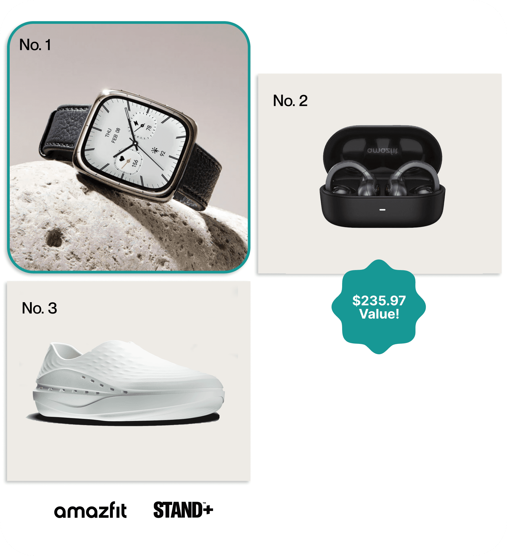 No.1: Amazfit Active 2 Square Premium, No.2: Amazfit Up Earbuds, No. 3: Stand+ Shoes