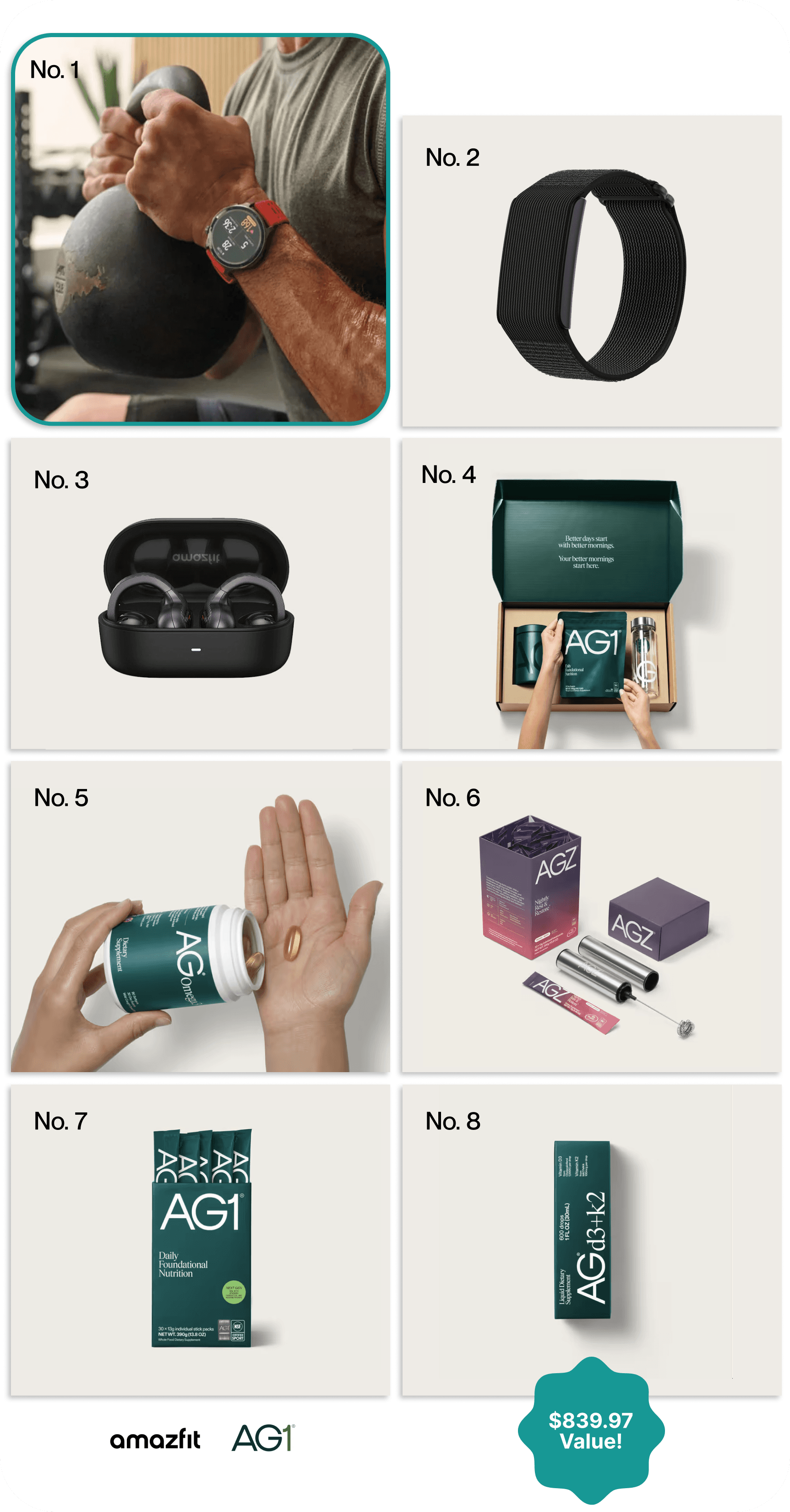 No.1: Amazfit Balance 2, No.2: Amazfit Helio Strap, No.3: Amazfit Up Earbuds, No. 4: AG1 Welcome Kit + Sub Box with Pouch, No. 5: AG1 Omegas, No. 6: AG1 AGZ 30ct and frother (flavor of choice),No. 7: AG1 30ct Travel Pack, No. 8: AG1 D3K2 (flavor of choice)